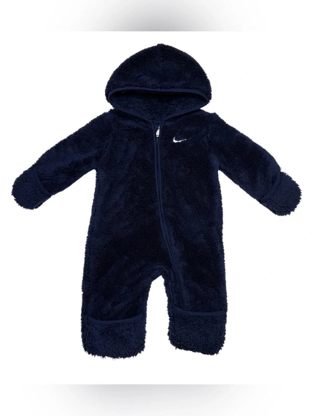 Nike Baby Sherpa Fleece Hooded Footed Coverall Navy Pram Suit Size 6m Unisex